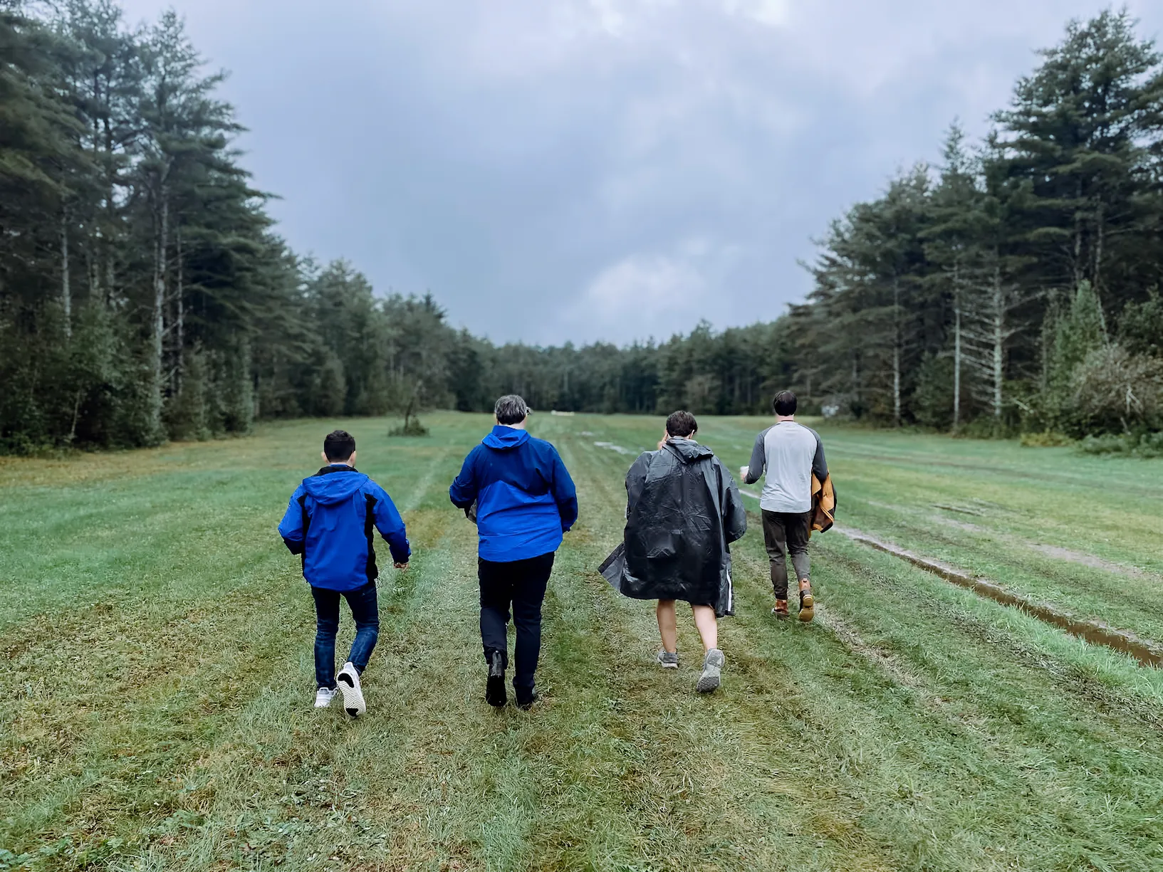 Four members of the Distributed Spectrum team walking out across a field lined with pine trees