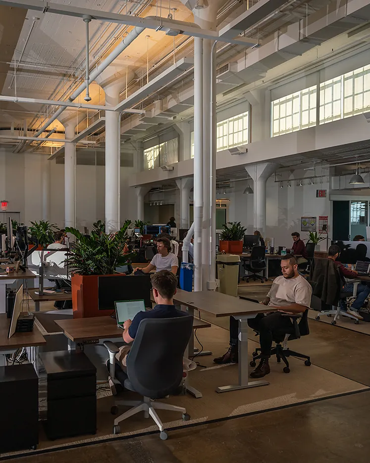 The team at work in the New York office, a high-ceilinged loft with desks, plants and white columns